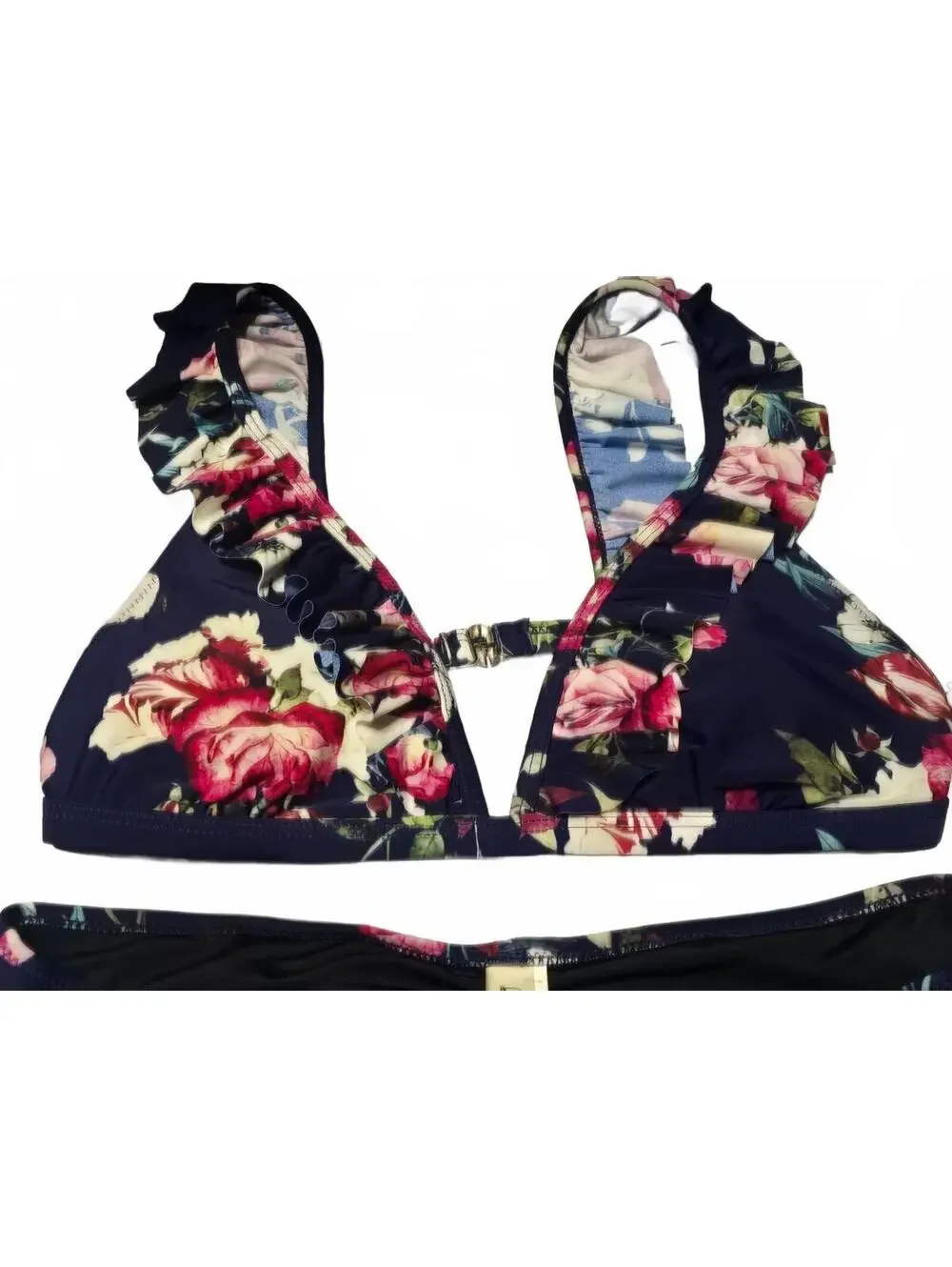 CUPSHE Women’s Size M Navy Floral Ruffle Bikini Two Piece Swimsuit